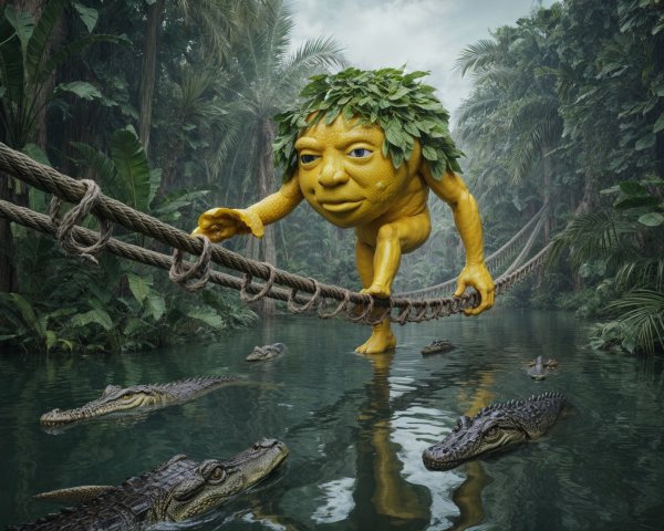 Whimsical Creature on Rope Bridge Over Jungle River