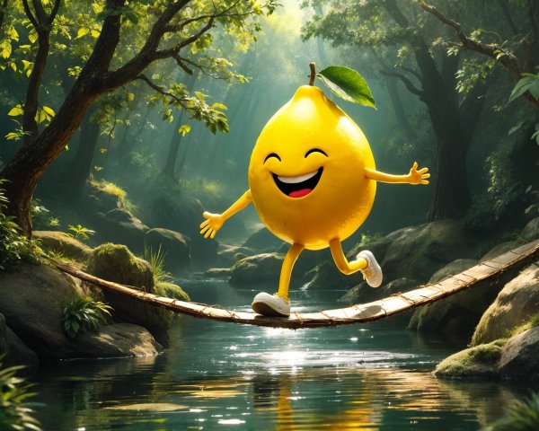 Lemon Character on Bridge in Vibrant Forest Scene