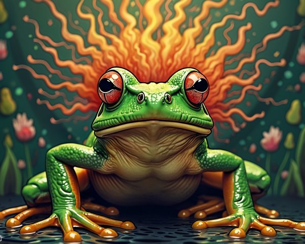 Cartoonish green frog with vibrant flowers and light