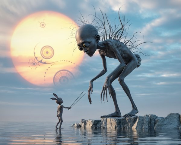 Surreal Scene of Giant Figure Overlooking Childlike Figure