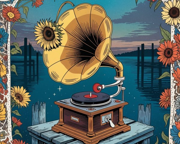 Vintage Gramophone on Pier with Sunflowers at Sunset