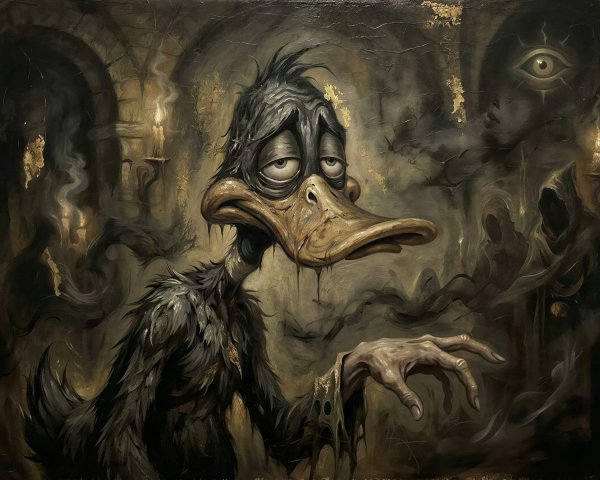 Dark Oil Painting of Haggard Daffy Duck in Crypt