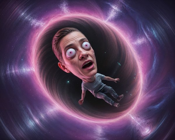 Surreal Cartoonish Figure in Colorful Cosmic Vortex