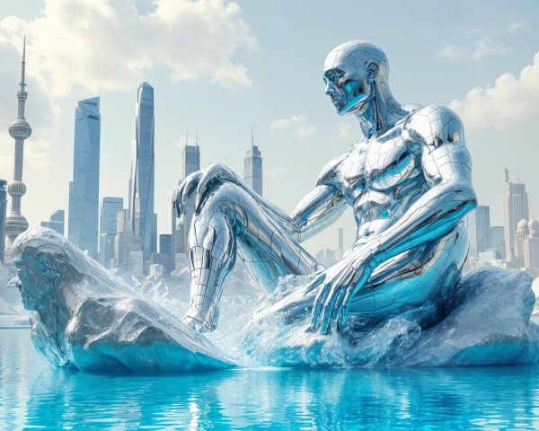 Reflective Chrome Humanoid Statue by Serene Water