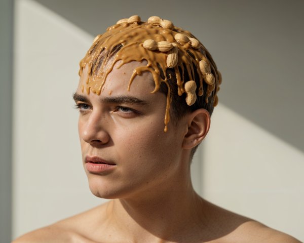 Young man with peanut butter head against soft backdrop