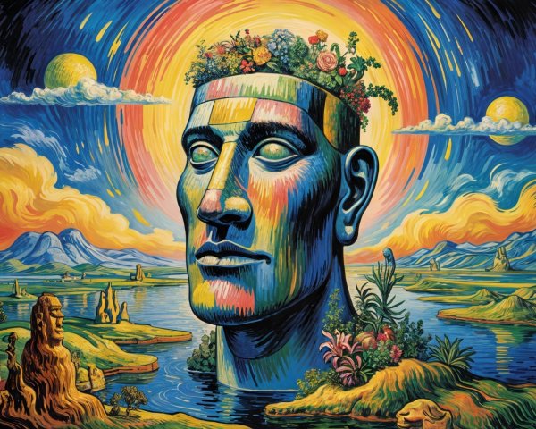 Colossal Stone Head with Floral Crown in Colorful Landscape