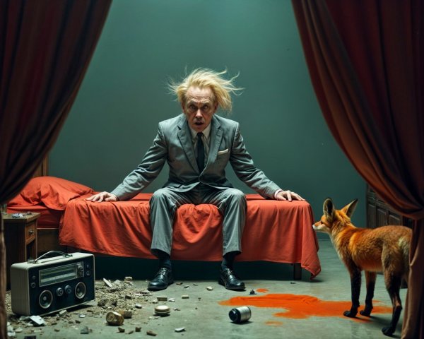 Disheveled man in suit with curious fox in chaotic room