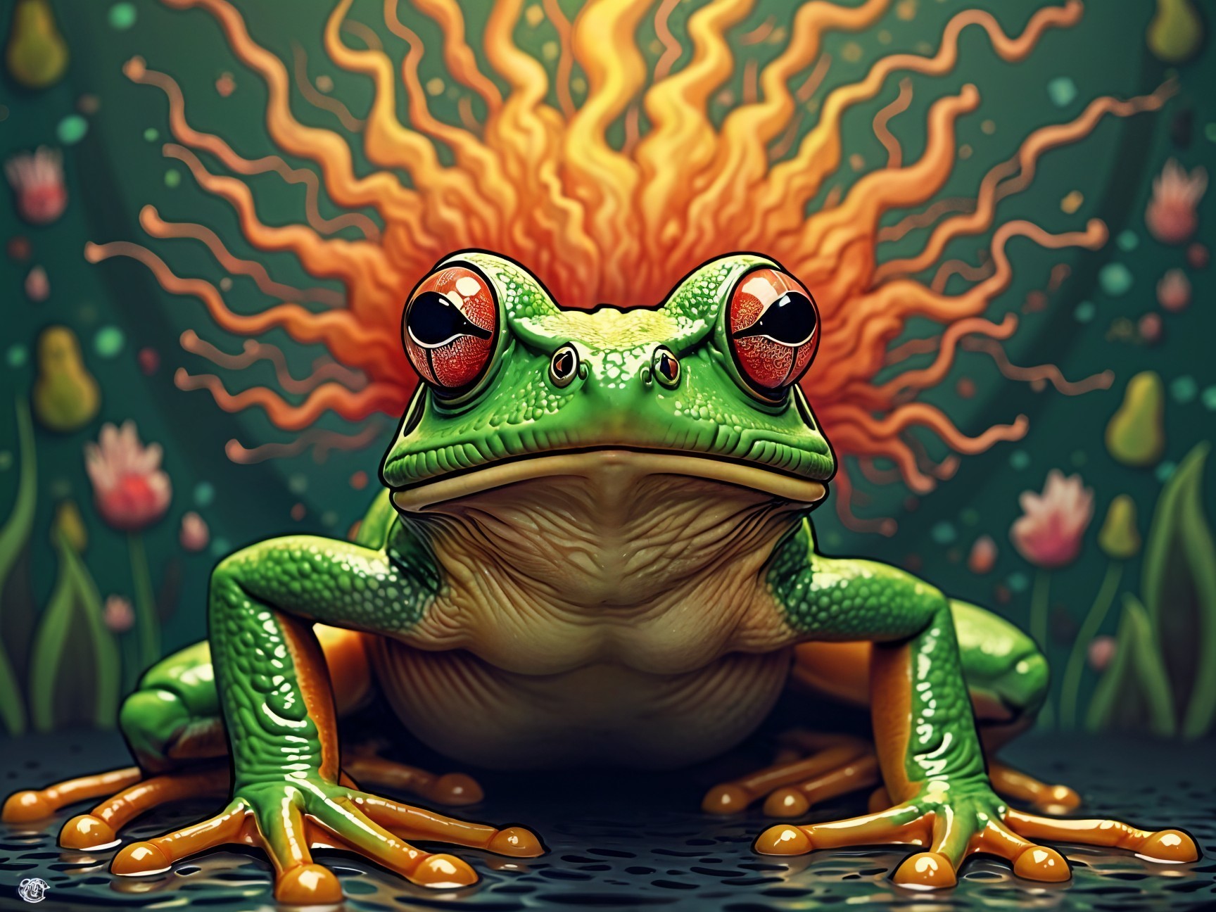 Cartoonish green frog with vibrant flowers and light
