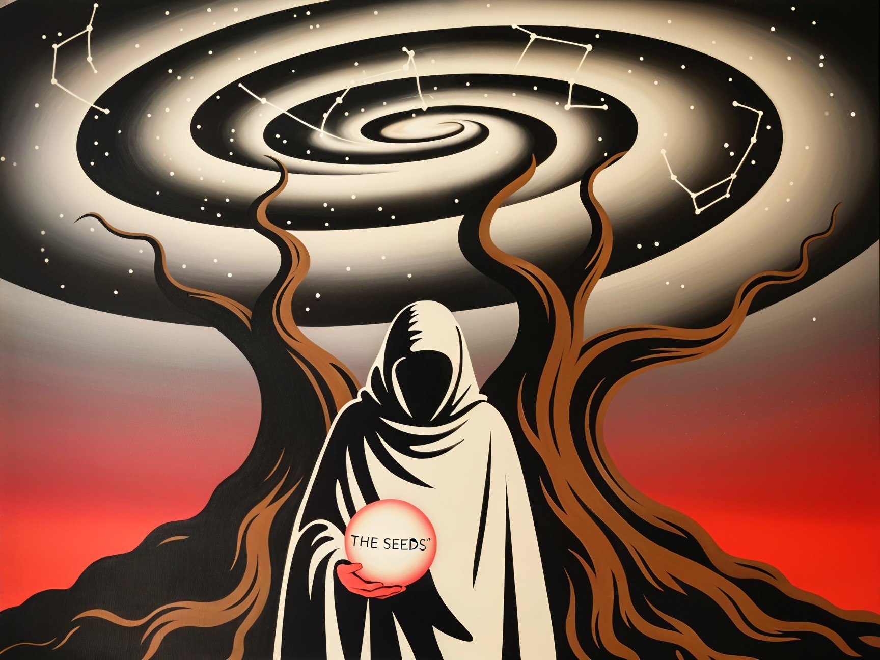 Cloaked Figure with Orb Amidst Twisted Trees and Galaxy