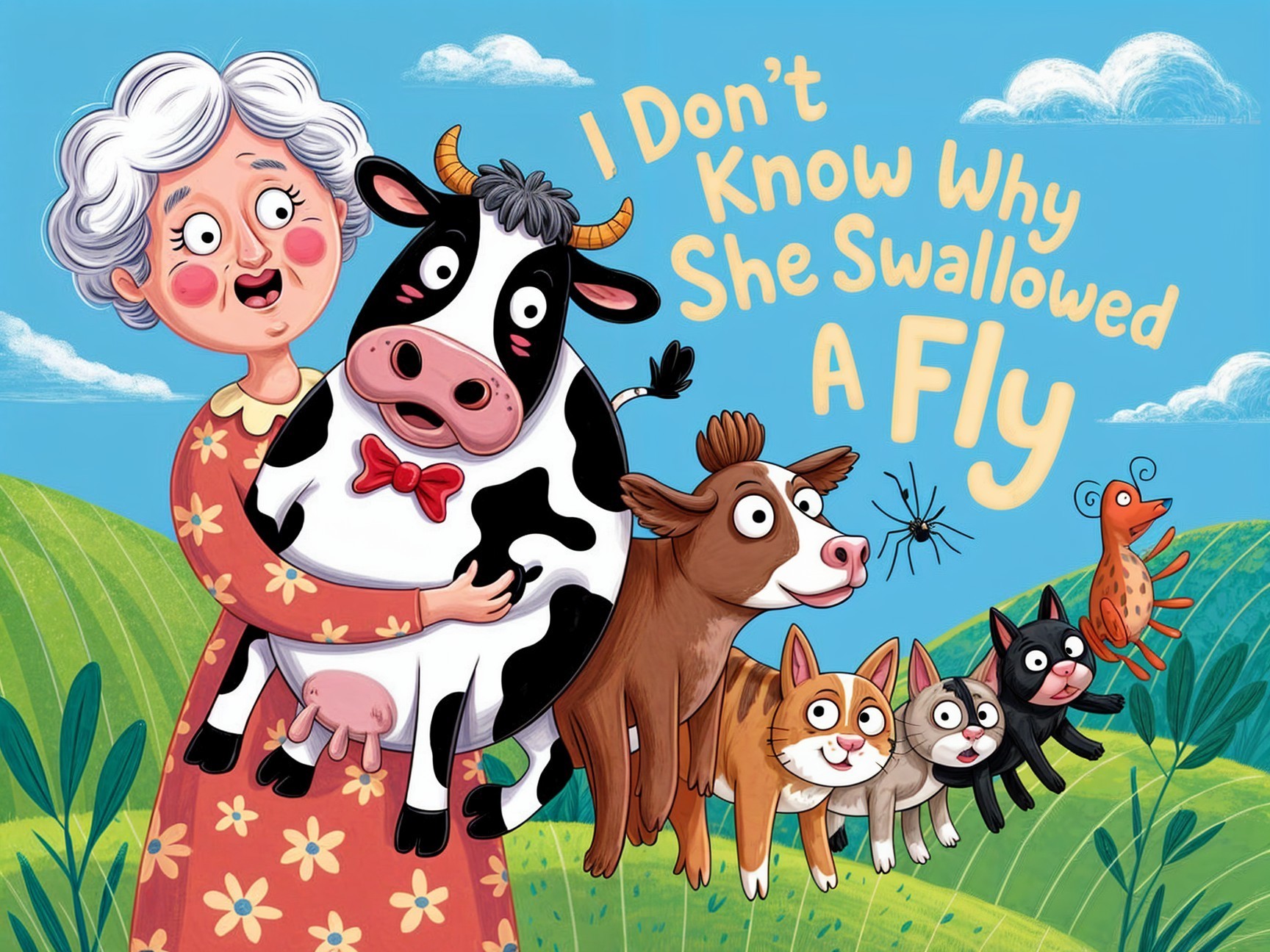 Whimsical illustration of an elderly woman and animals