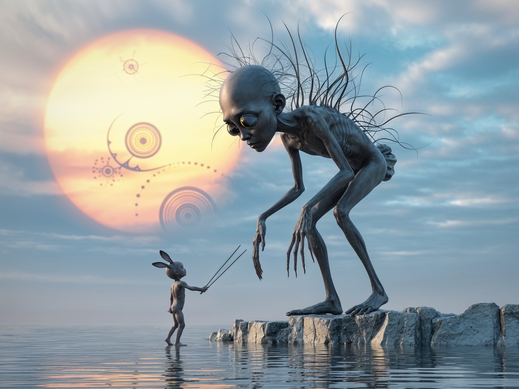 Surreal Scene of Giant Figure Overlooking Childlike Figure