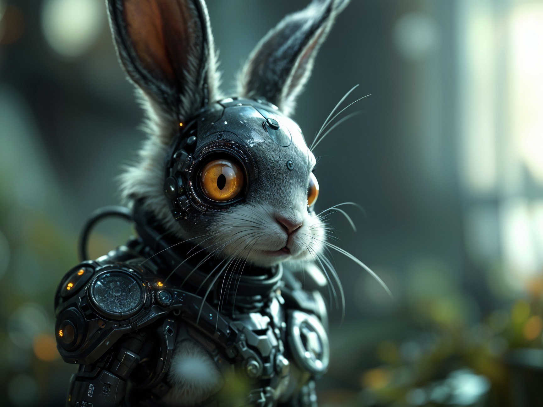 Futuristic Robotic Rabbit in Lush Greenery Setting