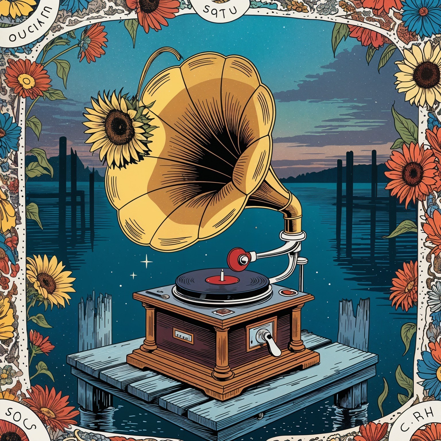 Vintage Gramophone on Pier with Sunflowers at Sunset