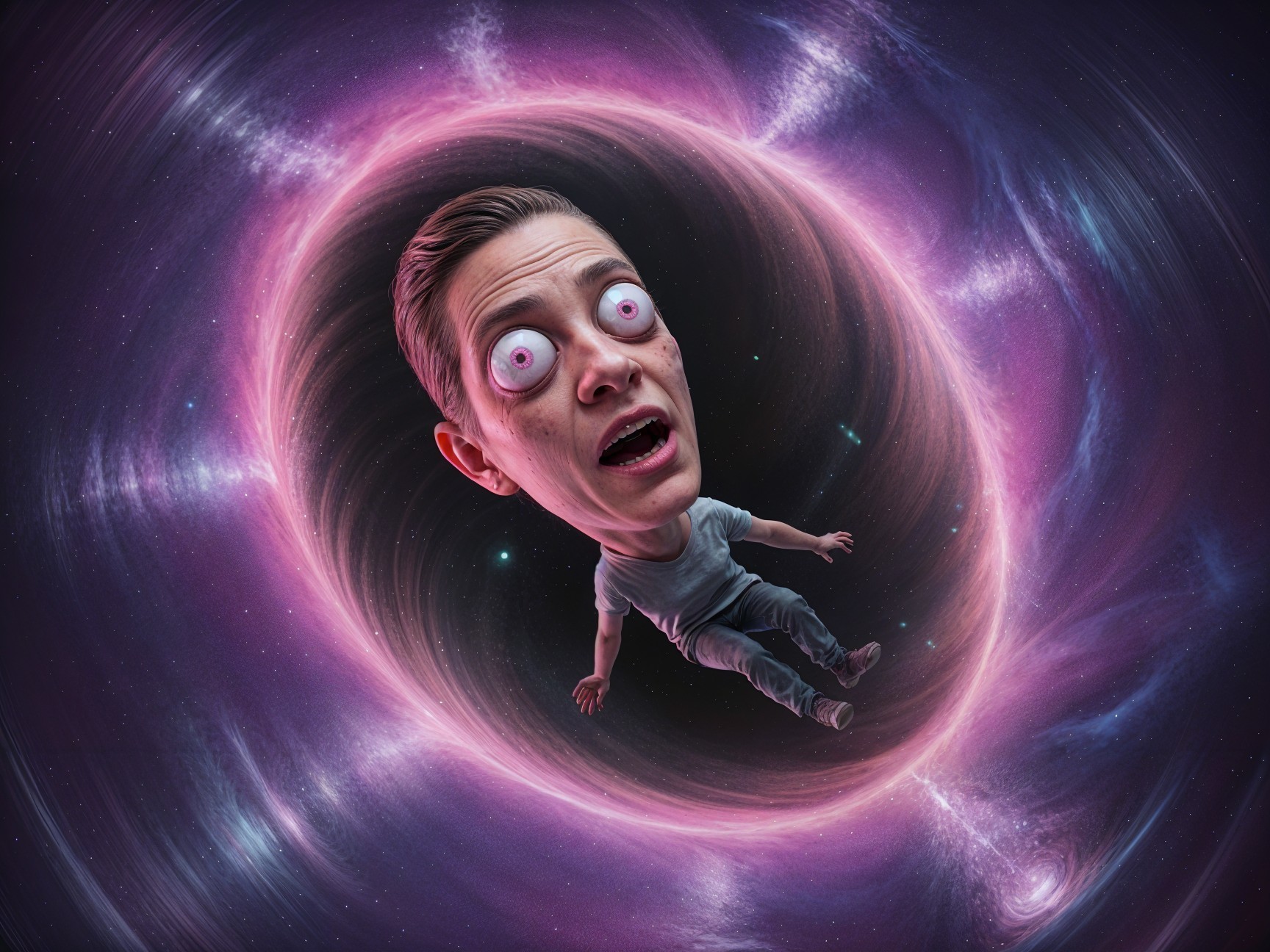 Surreal Cartoonish Figure in Colorful Cosmic Vortex