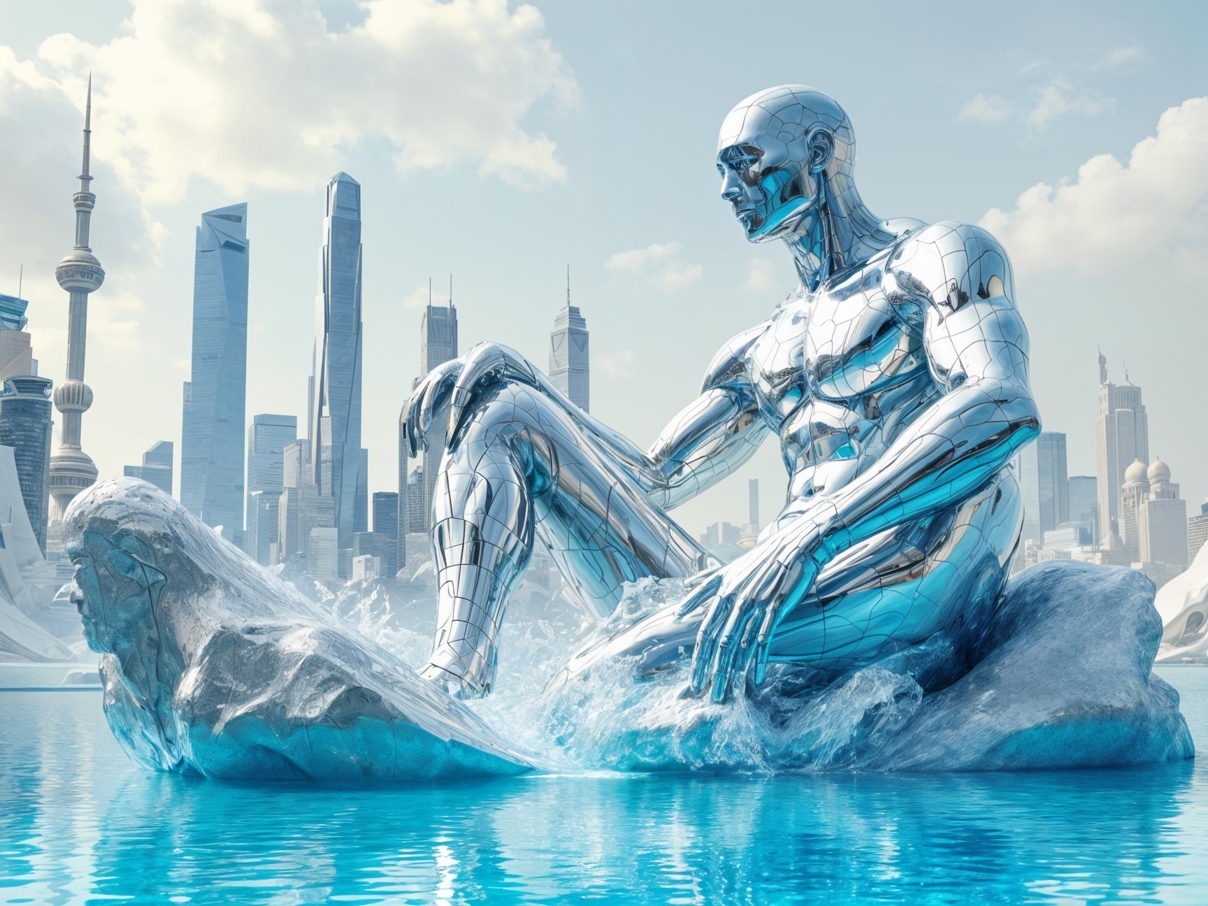 Reflective Chrome Humanoid Statue by Serene Water