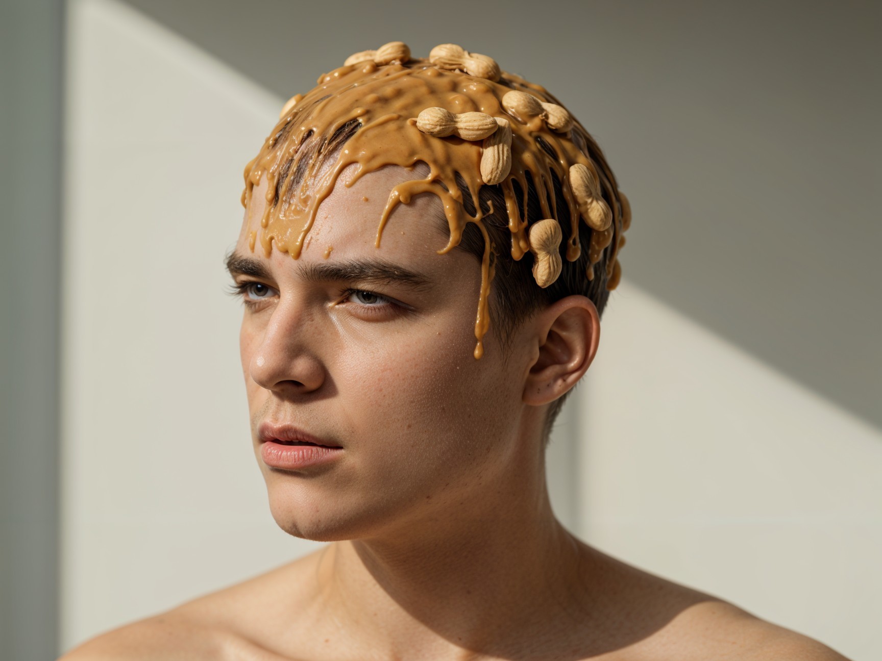 Young man with peanut butter head against soft backdrop