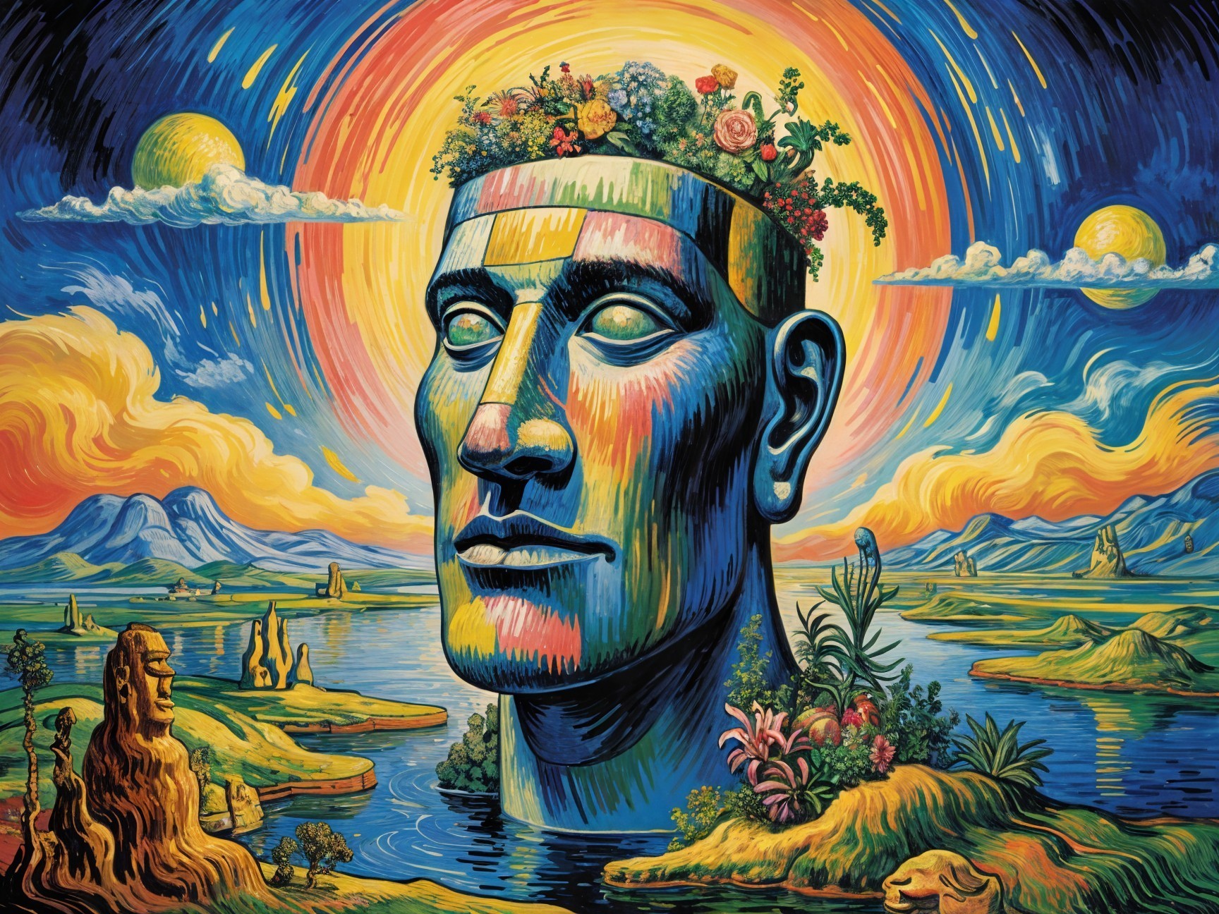 Colossal Stone Head with Floral Crown in Colorful Landscape