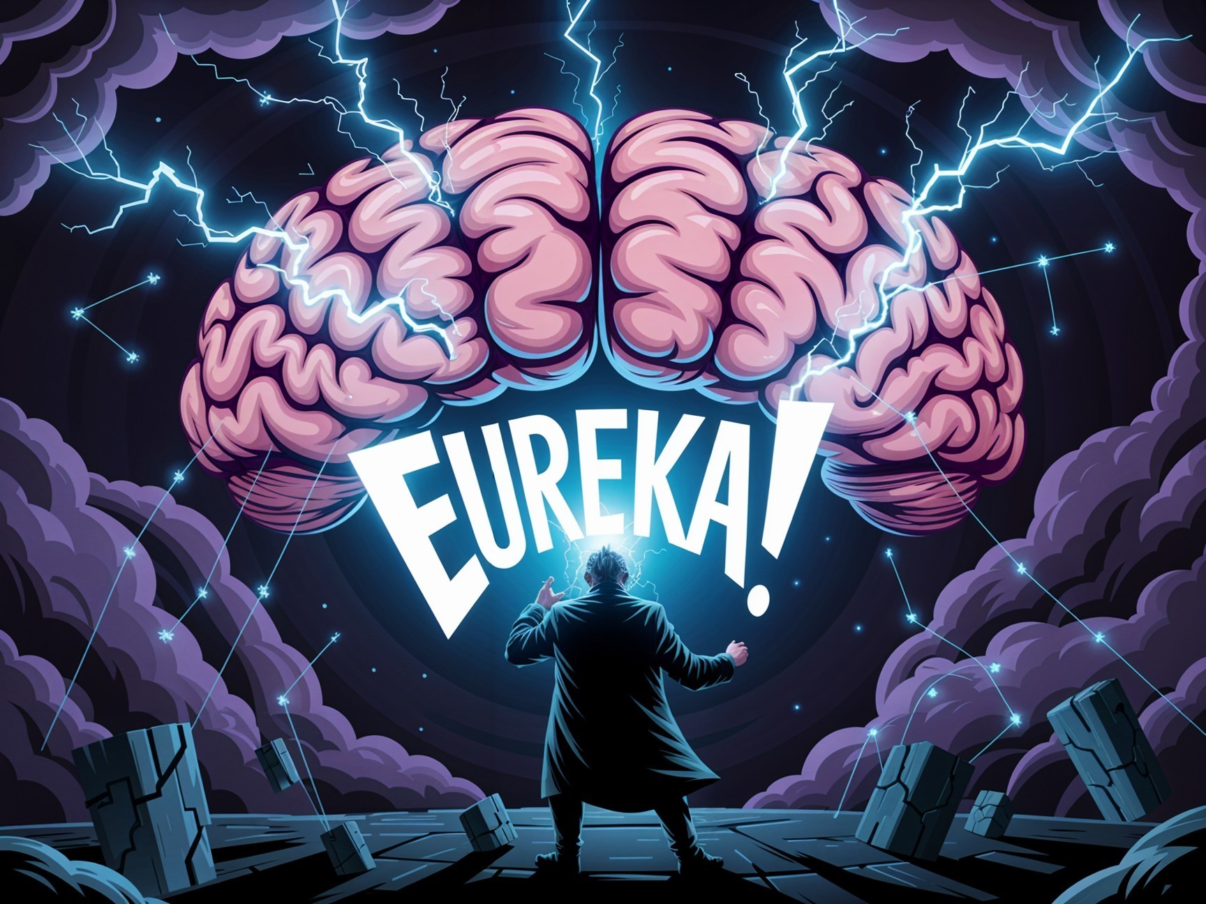 Glowing Pink Brain Surrounded by Dark Clouds and Lightning