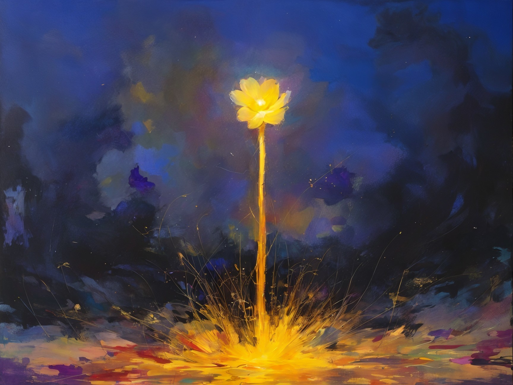 Vibrant Abstract Painting with Yellow Flower and Colorful Background