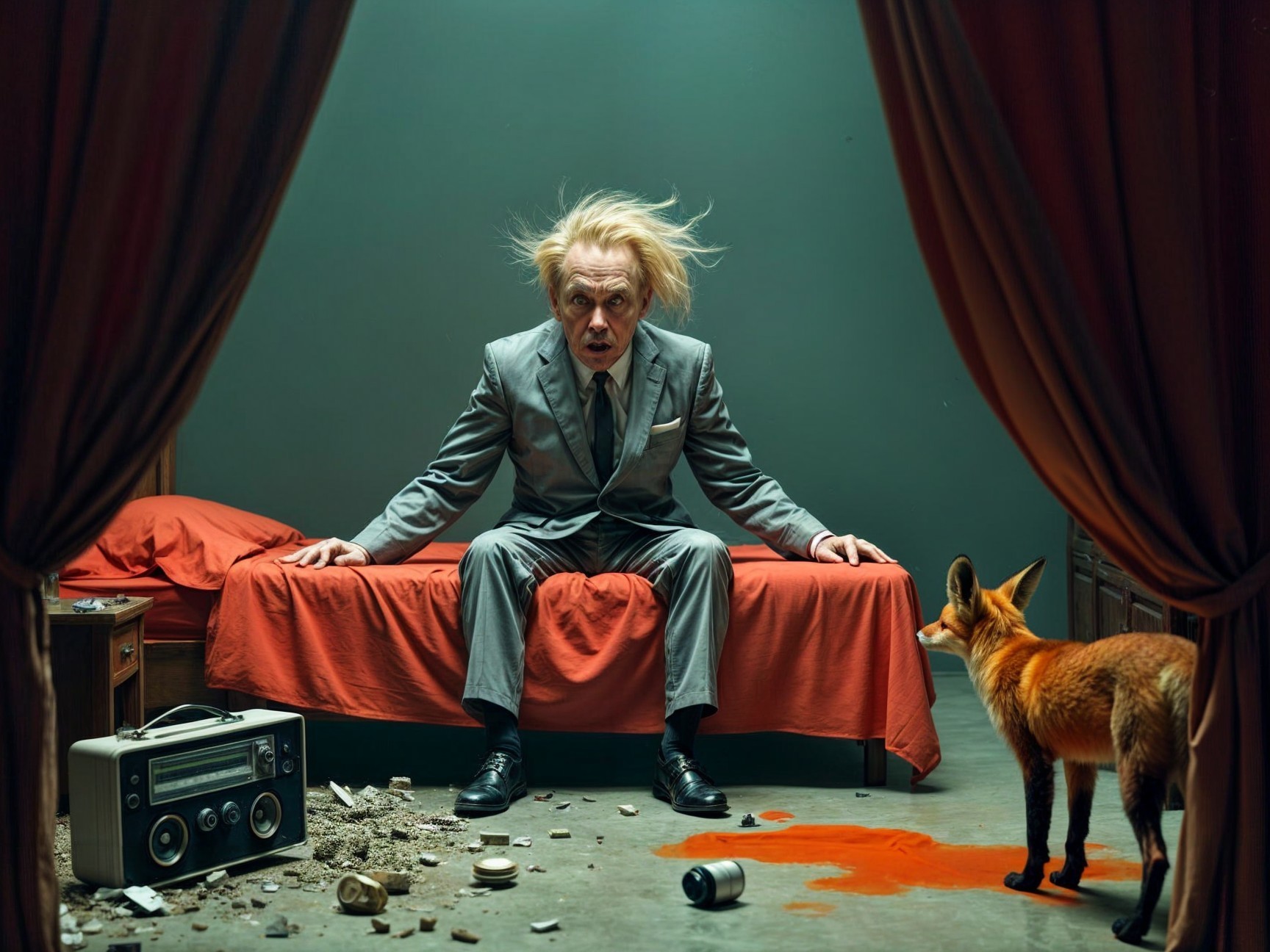 Disheveled man in suit with curious fox in chaotic room