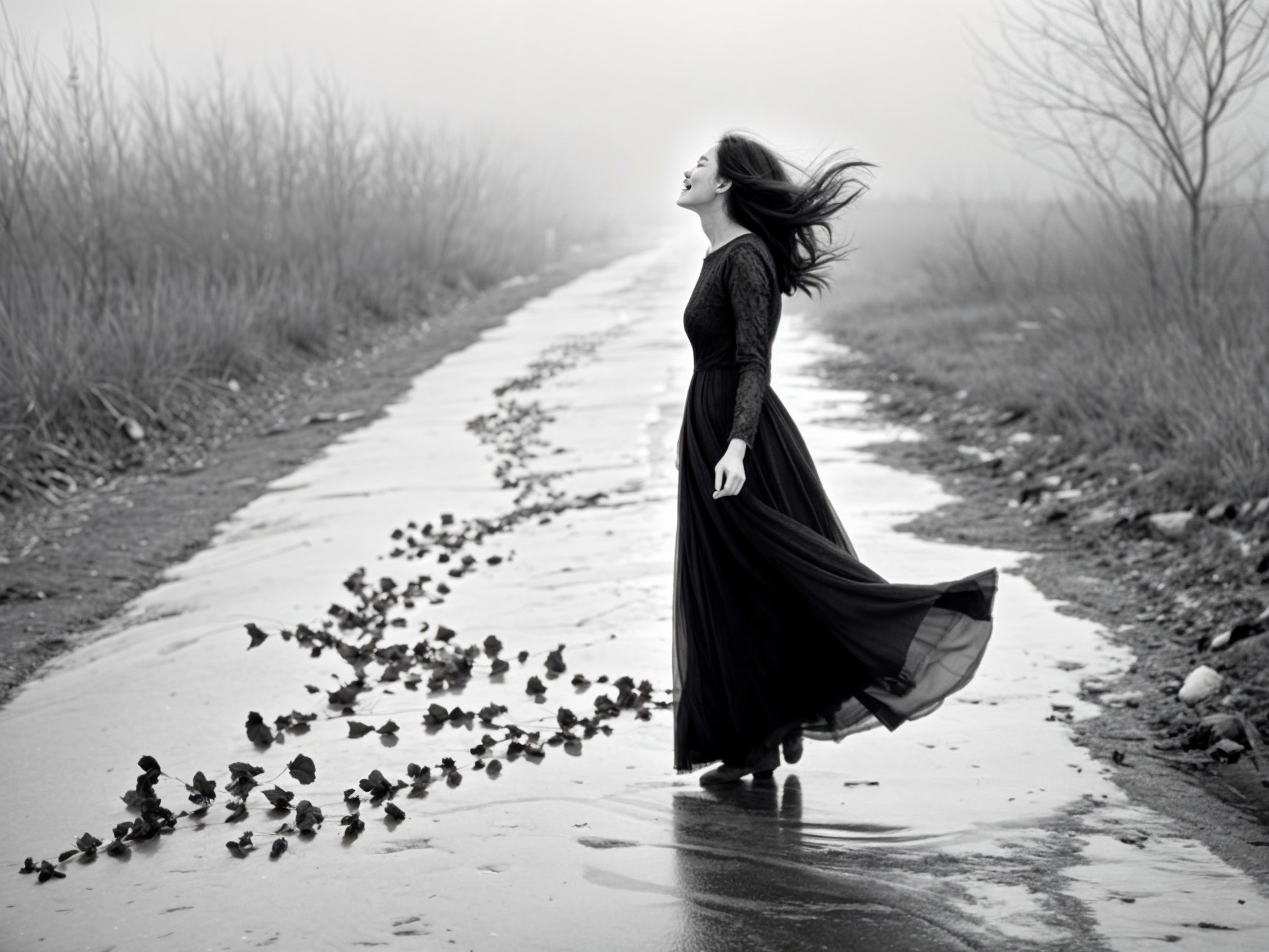 Misty Path with Woman in Black Dress Twirling