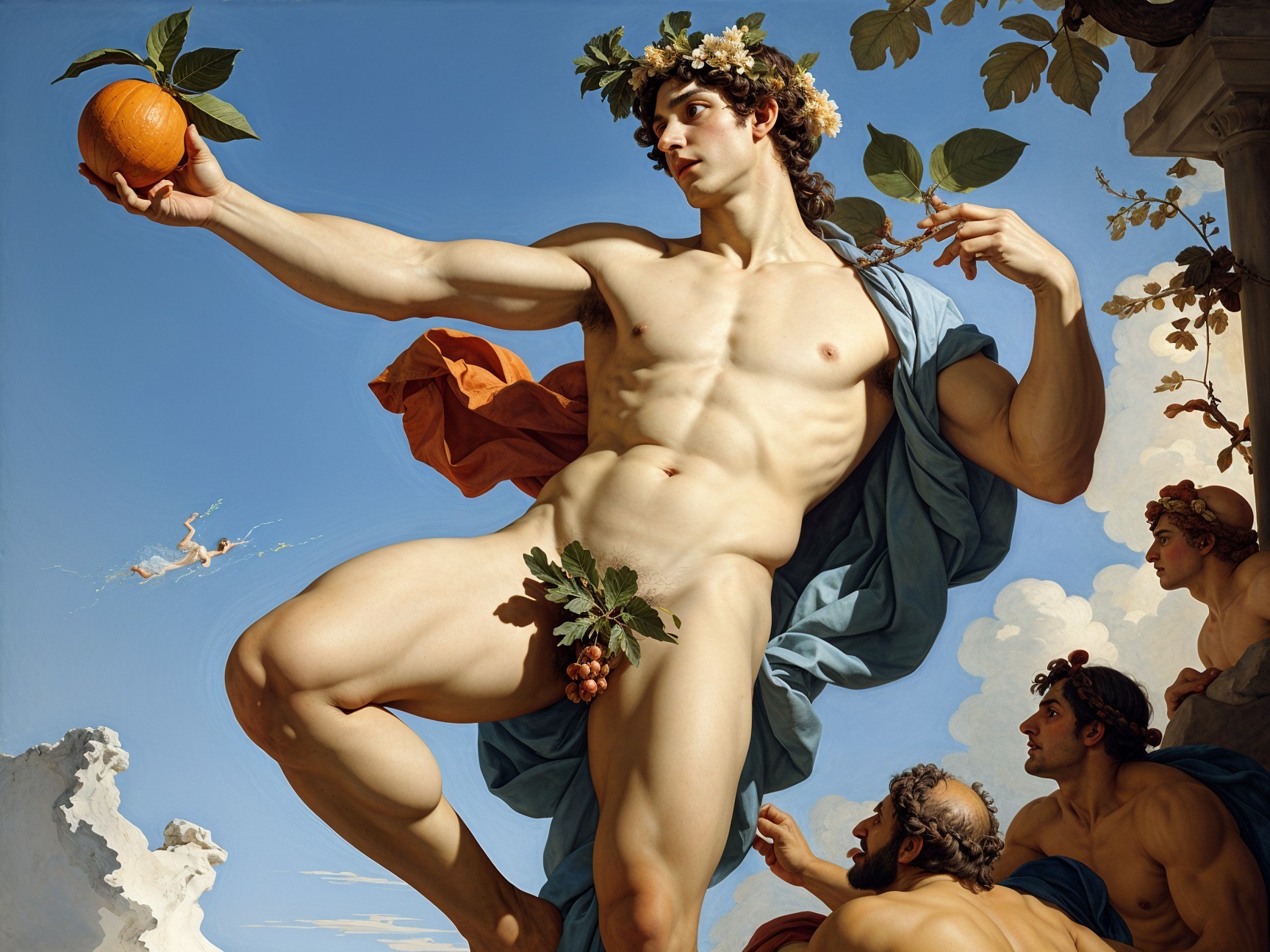 Muscular Young Man in Blue Cloth with Orange and Vines
