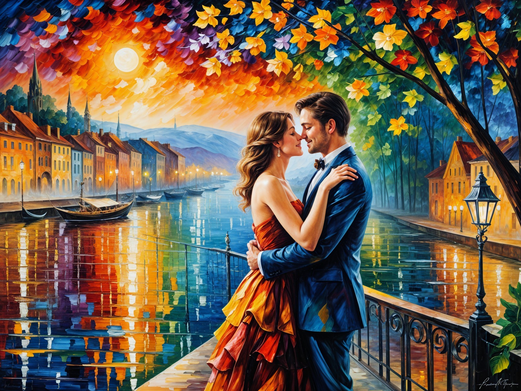 Couple Embracing on Riverside with Autumn Foliage