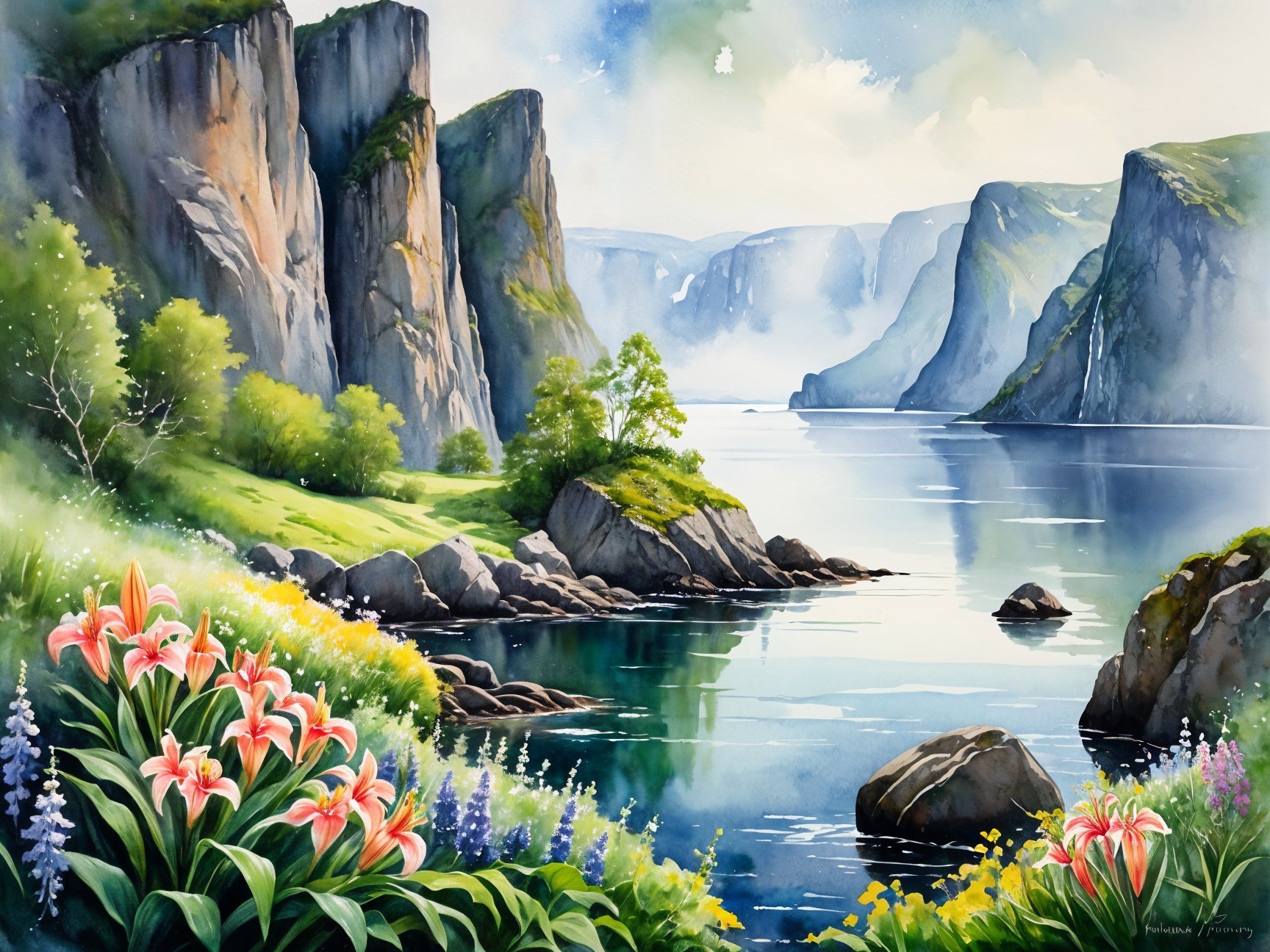 Serene Landscape with Cliffs and Tranquil Water