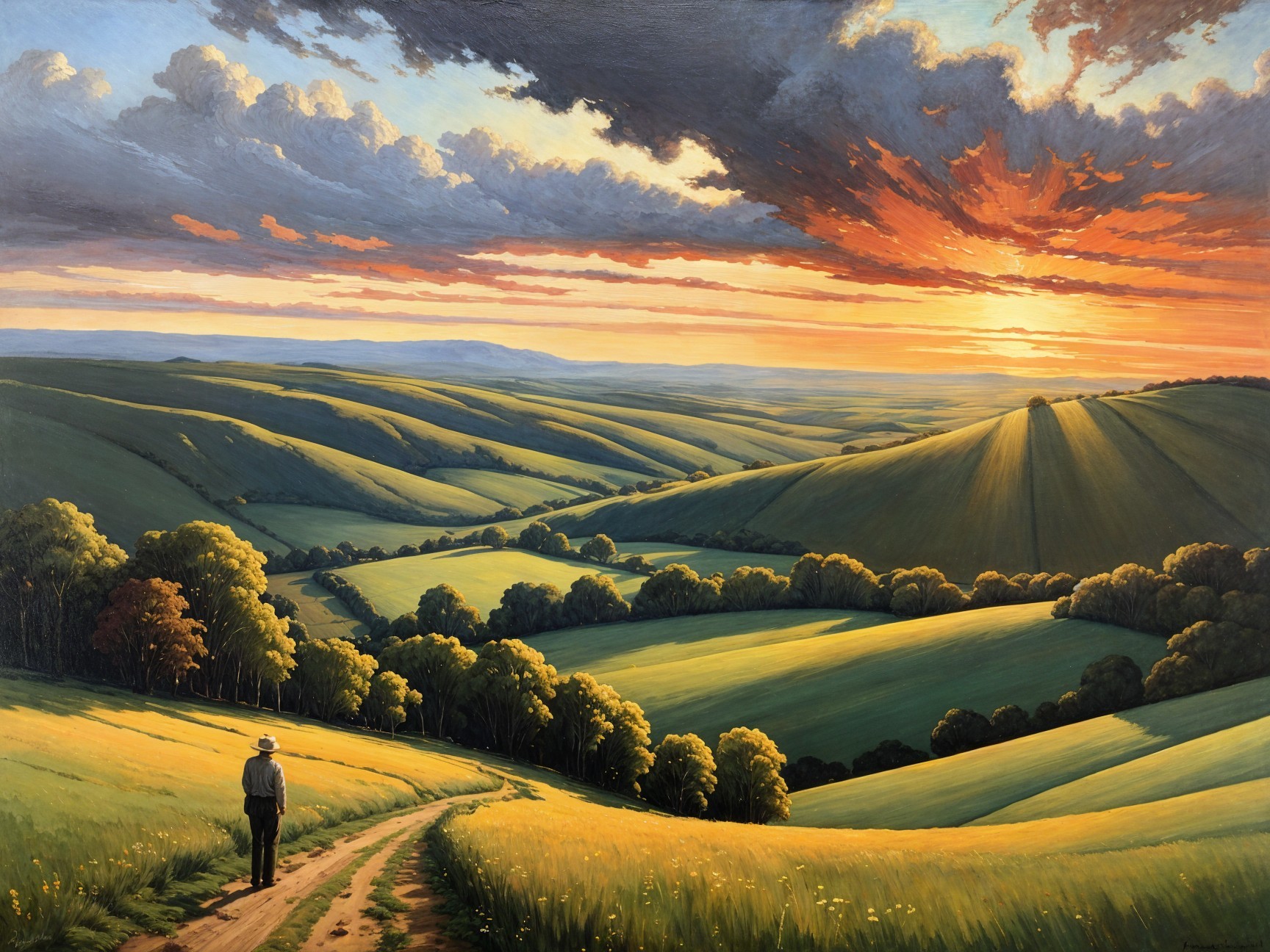 Serene Landscape with Rolling Hills and Sunset Sky
