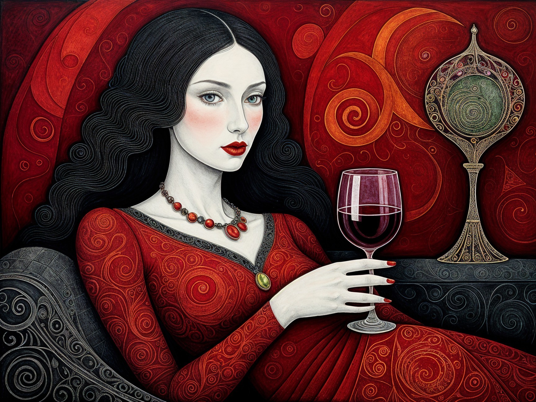 Elegant Woman in Red Dress with Wine in Rich Setting