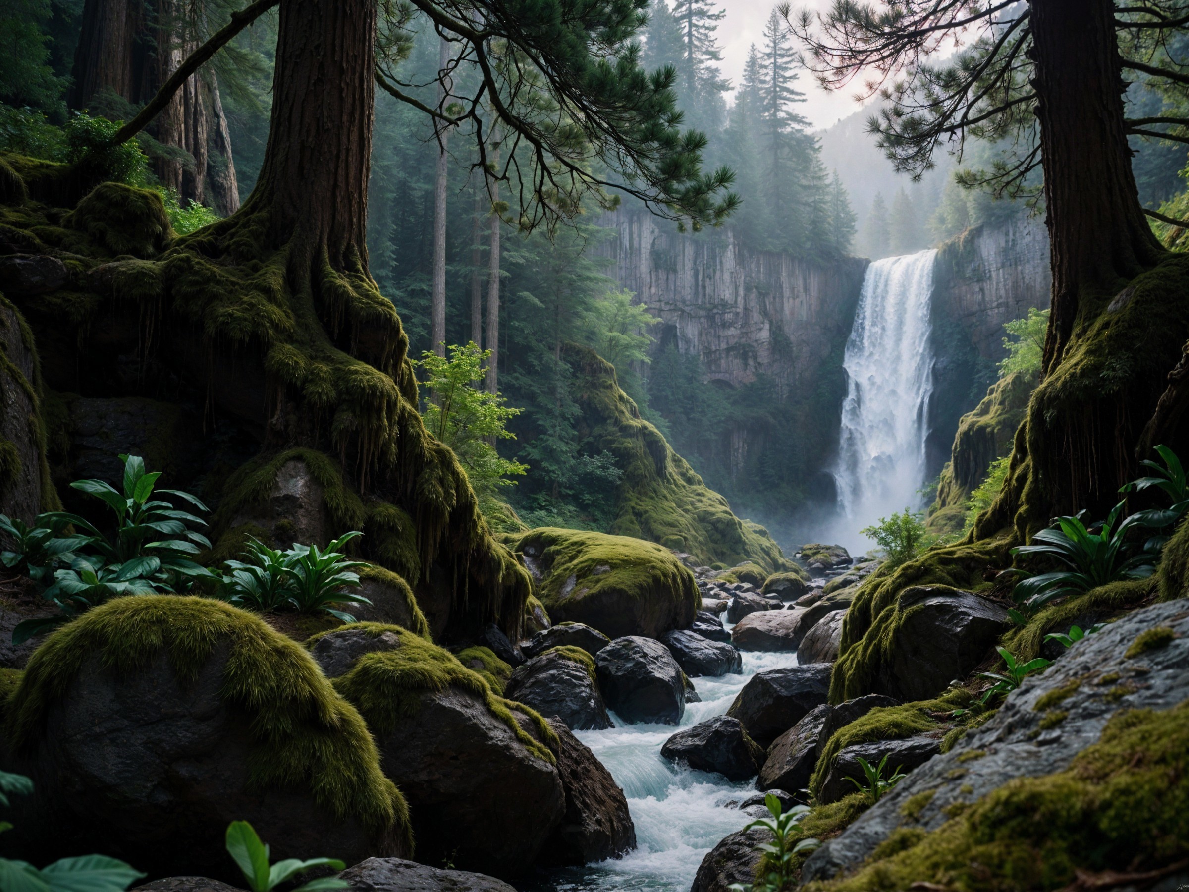 Serene Forest Scene with Majestic Waterfall and River