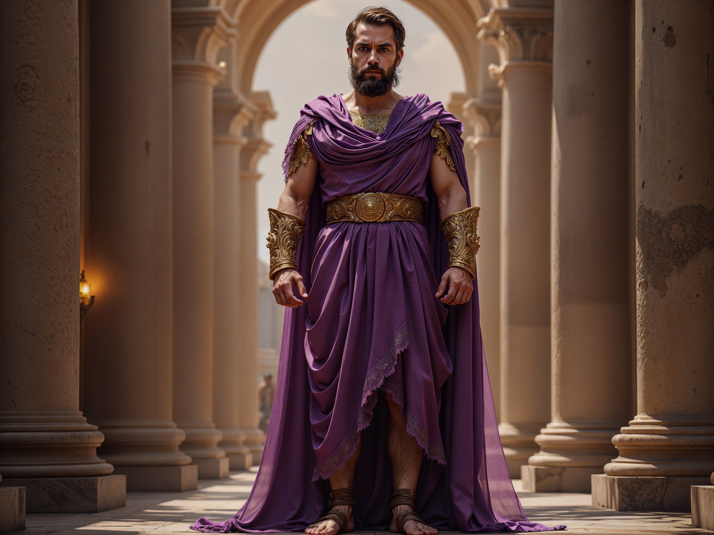 Regal Figure in Purple Robe in Ancient Palace Setting