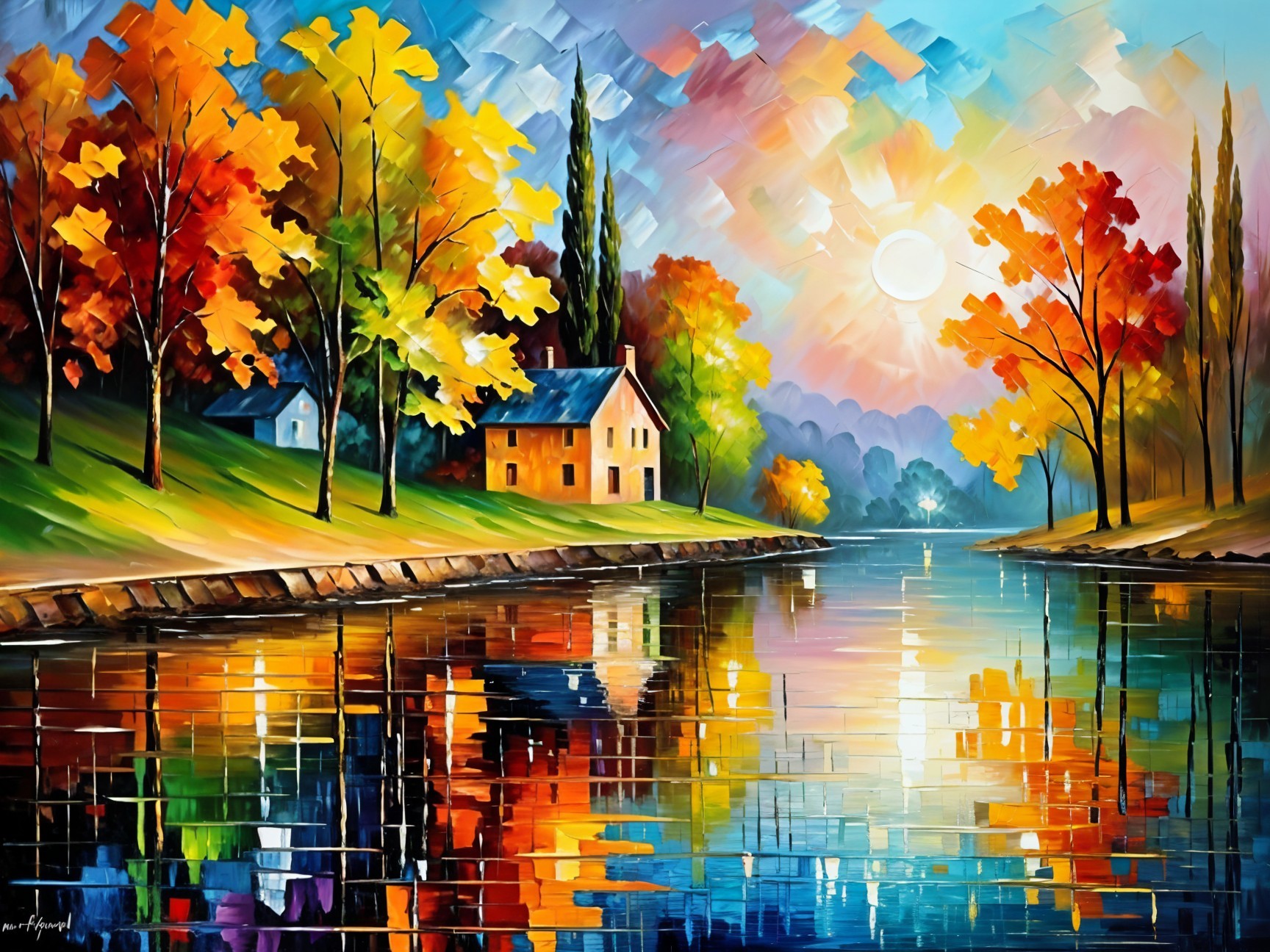 Serene Sunset Landscape with House and River Reflections