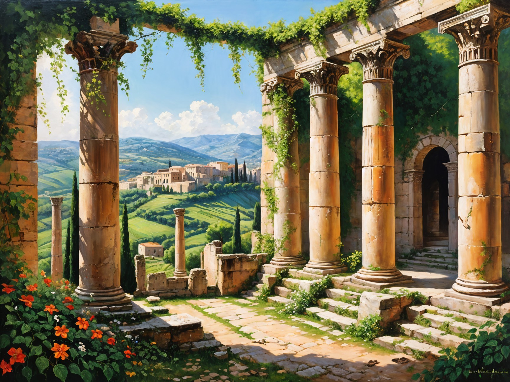 Ancient Ruins Surrounded by Lush Greenery and Hills