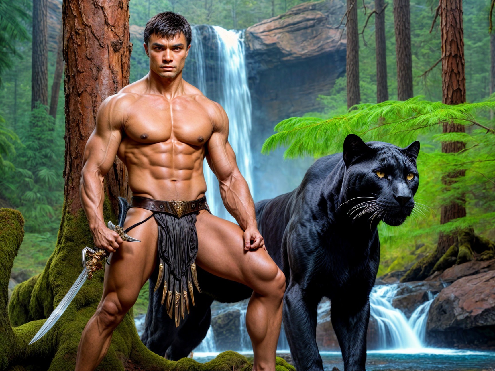 Warrior and Panther in a Serene Forest Setting