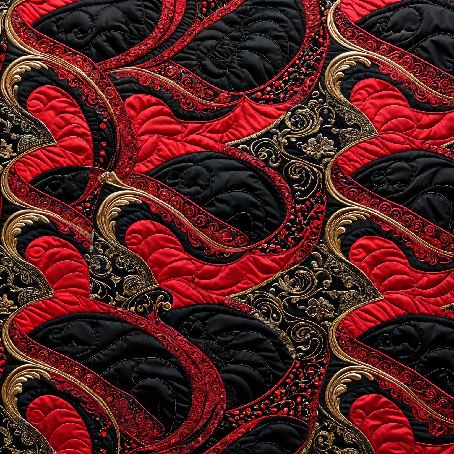 Intricate quilt pattern with red, black, and gold hues