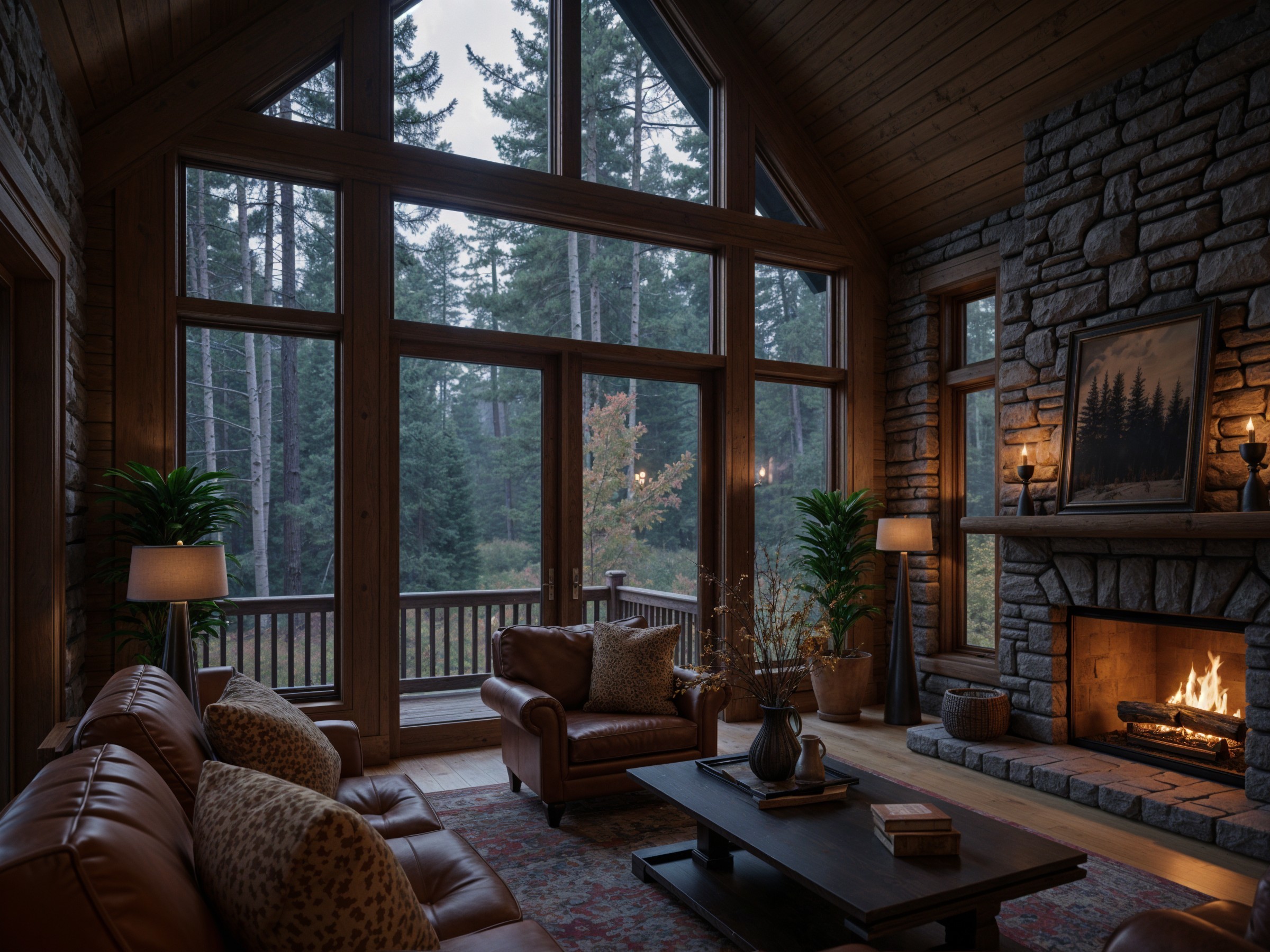 Cozy Cabin Living Room with Forest View and Fireplace
