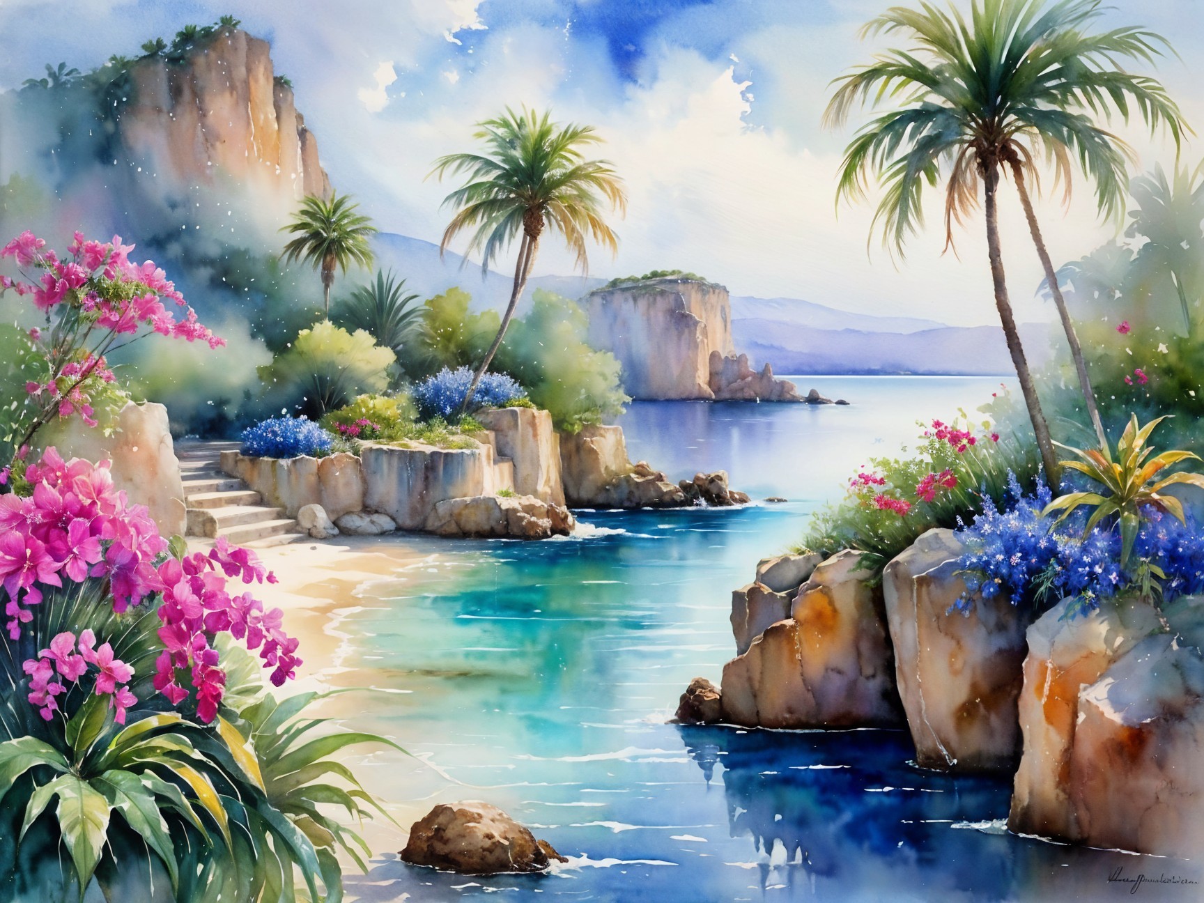 Serene Coastal Scene with Vibrant Flora and Turquoise Bay