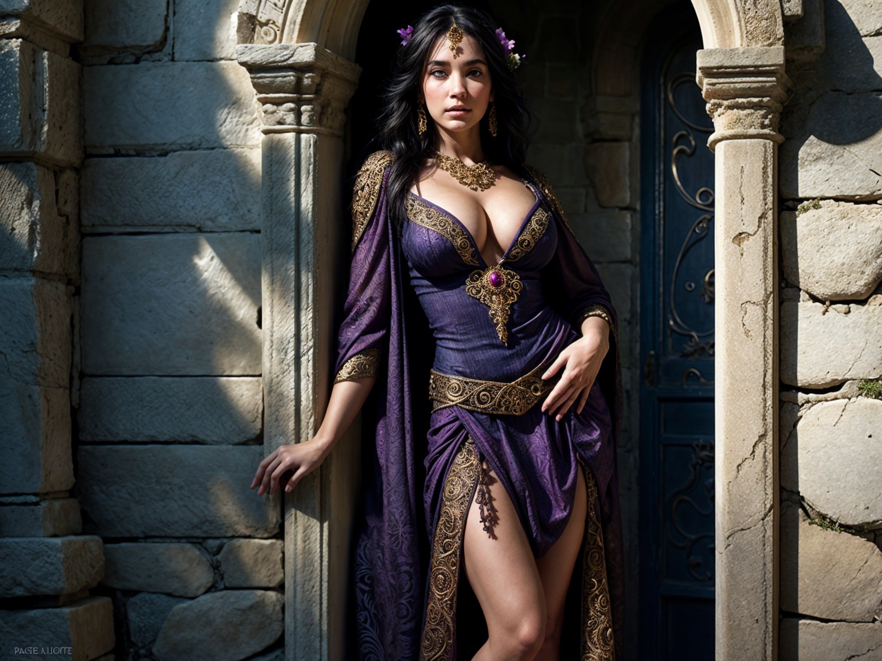 Elegant Woman in Purple Gown Against Stone Architecture