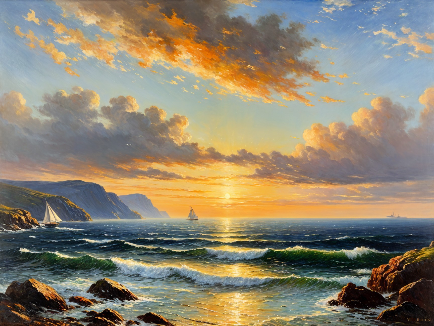 Seascape at Sunset with Vibrant Sky and Sailboats