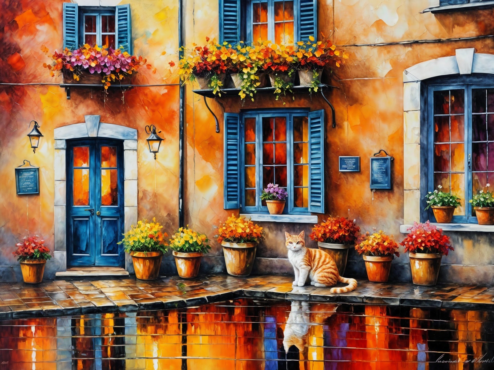 Vibrant Street Scene with Colorful Building and Cat