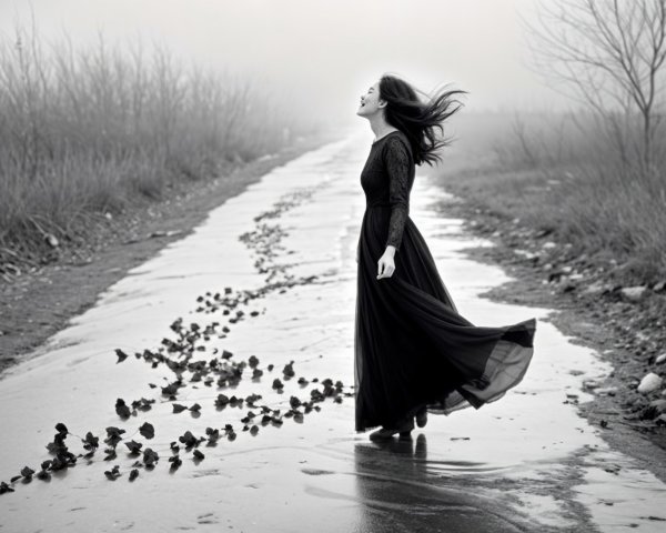 Misty Path with Woman in Black Dress Twirling