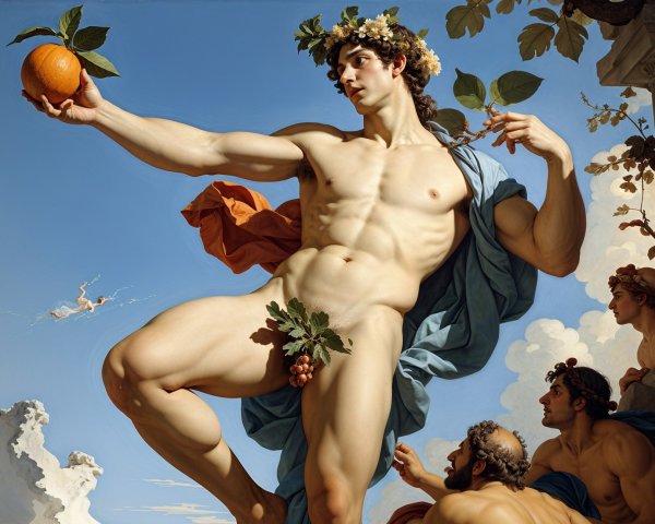 Muscular Young Man in Blue Cloth with Orange and Vines