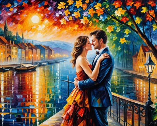 Couple Embracing on Riverside with Autumn Foliage