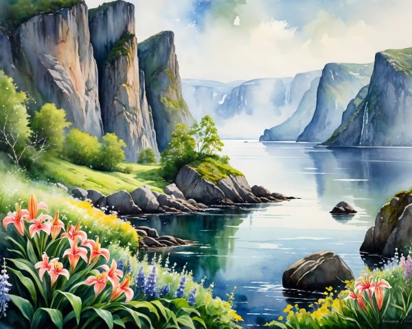 Serene Landscape with Cliffs and Tranquil Water