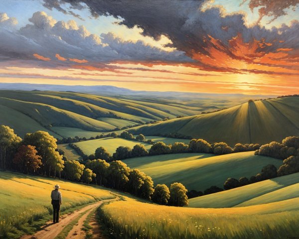 Serene Landscape with Rolling Hills and Sunset Sky