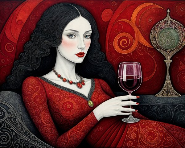 Elegant Woman in Red Dress with Wine in Rich Setting