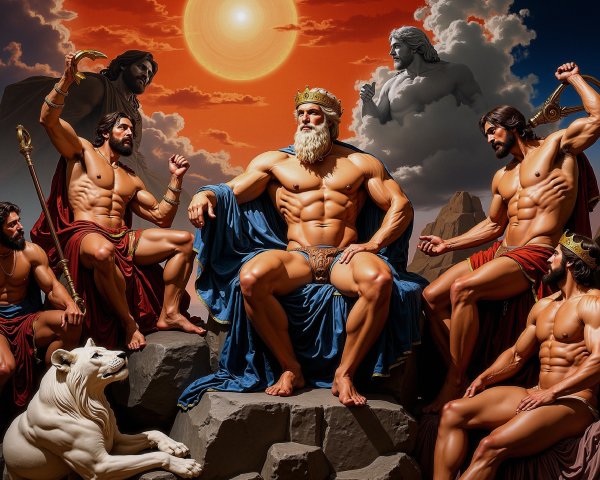 Mythological Figures on Rocky Terrain with Throne Scene