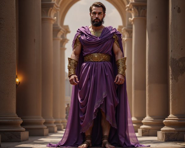 Regal Figure in Purple Robe in Ancient Palace Setting