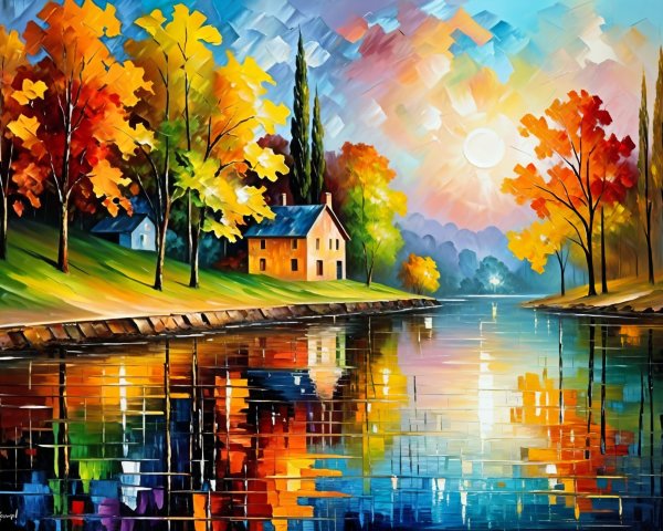 Serene Sunset Landscape with House and River Reflections